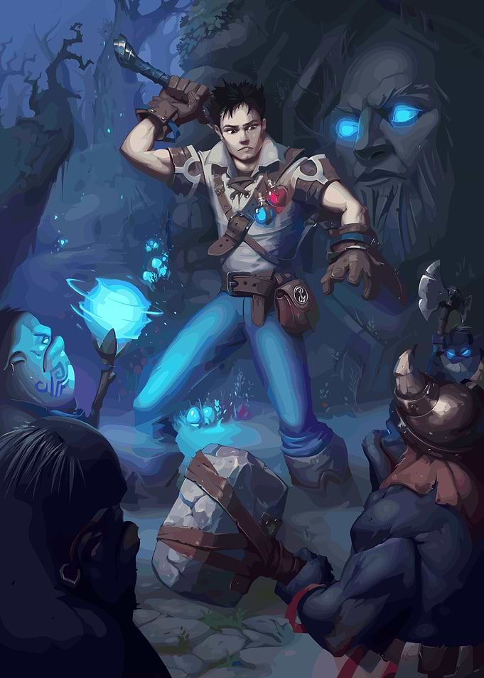 Fantasy Hero in Dark Forest Battle