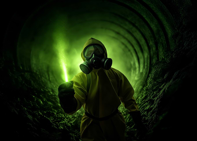 Hazmat Suit in Tunnel with Glowstick