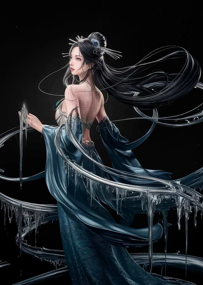 Elegant Woman in Flowing Blue Gown