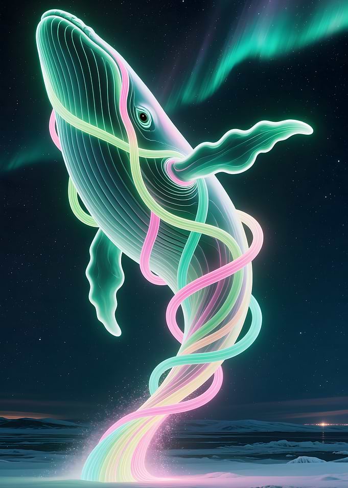 Neon Whale with Aurora Borealis