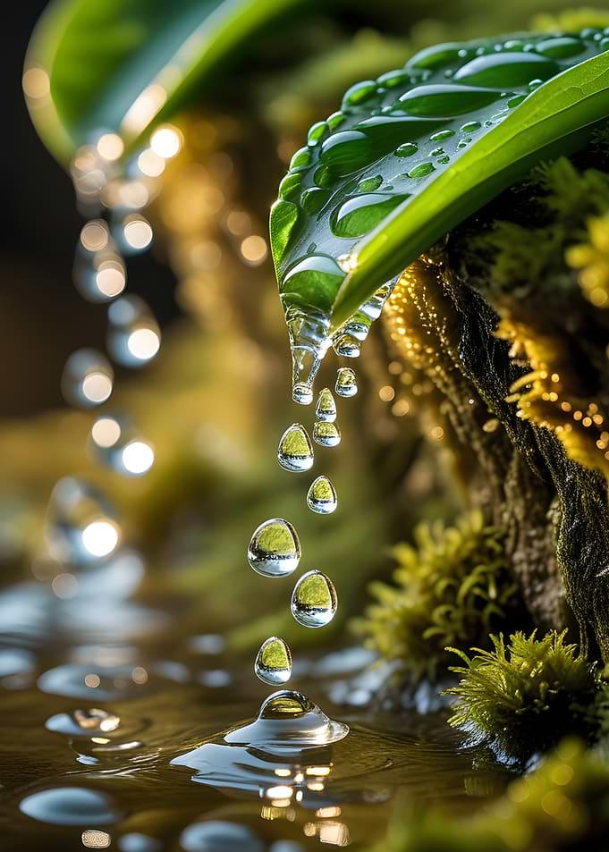 Water Droplets on Leaf and Moss