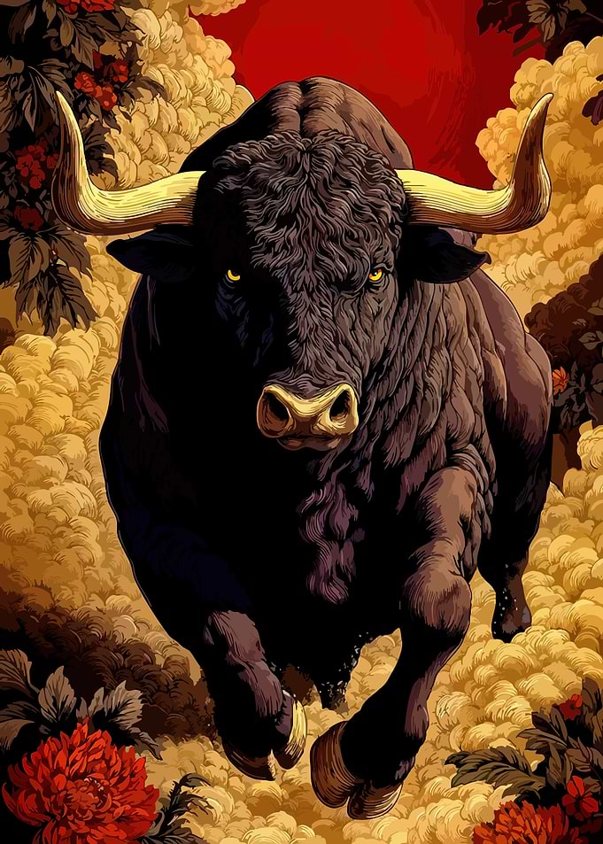 Charging Bull with Floral Background