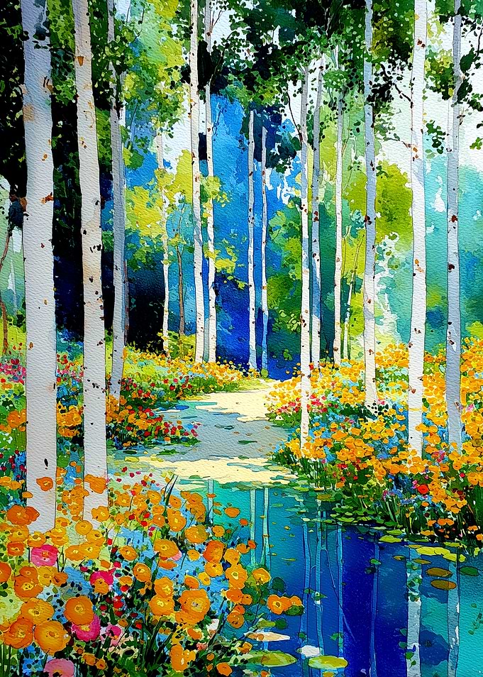 Watercolor Birch Trees and Wildflowers