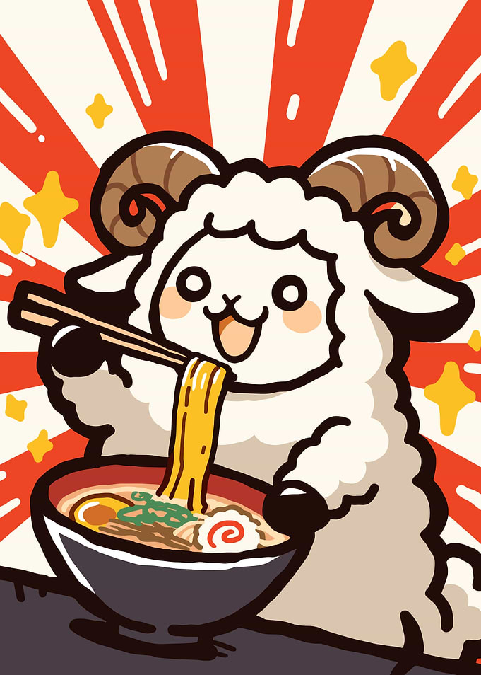 Cartoon Sheep Eating Ramen Noodles