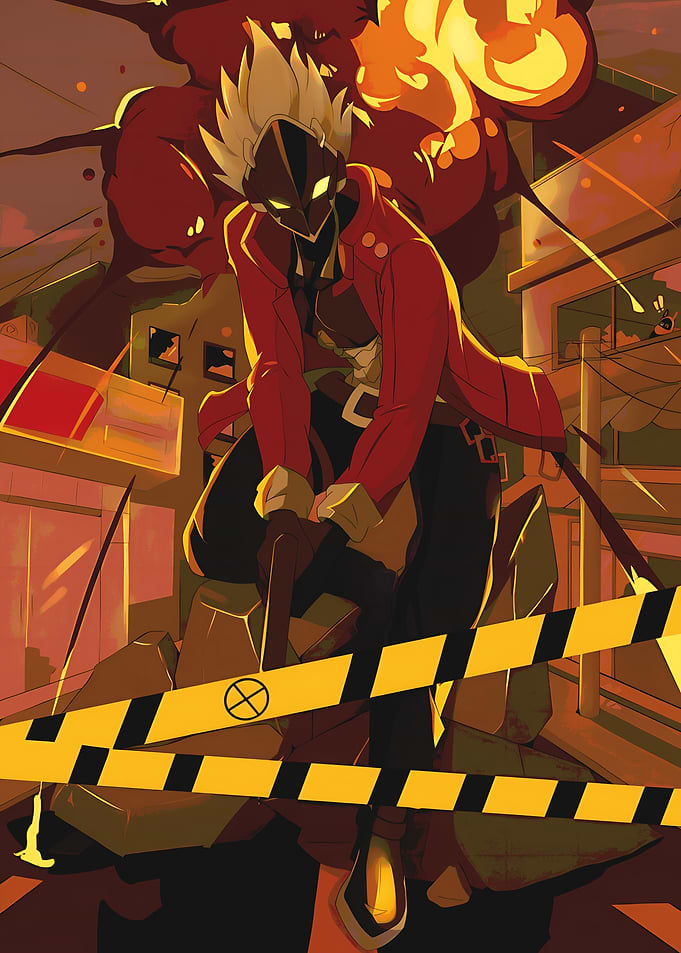 Masked Figure in Explosive Cityscape