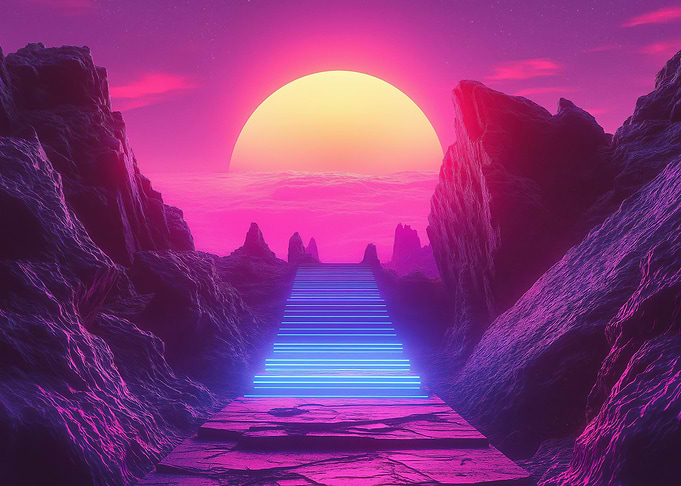 Neon Stairway to Cosmic Sunset Glow