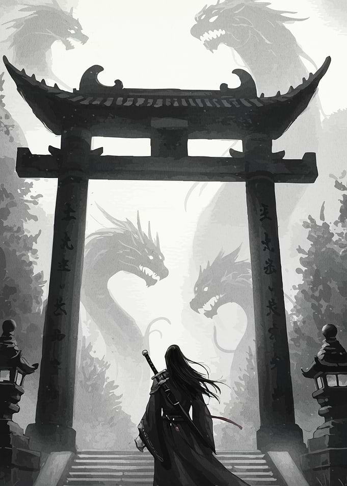 Warrior, Dragons, and Torii Gate