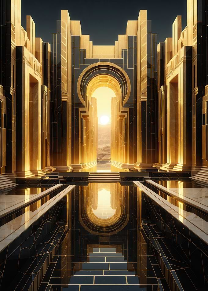 Golden Archway Gateway — Monumental Symmetrical Palace with Reflective Pool