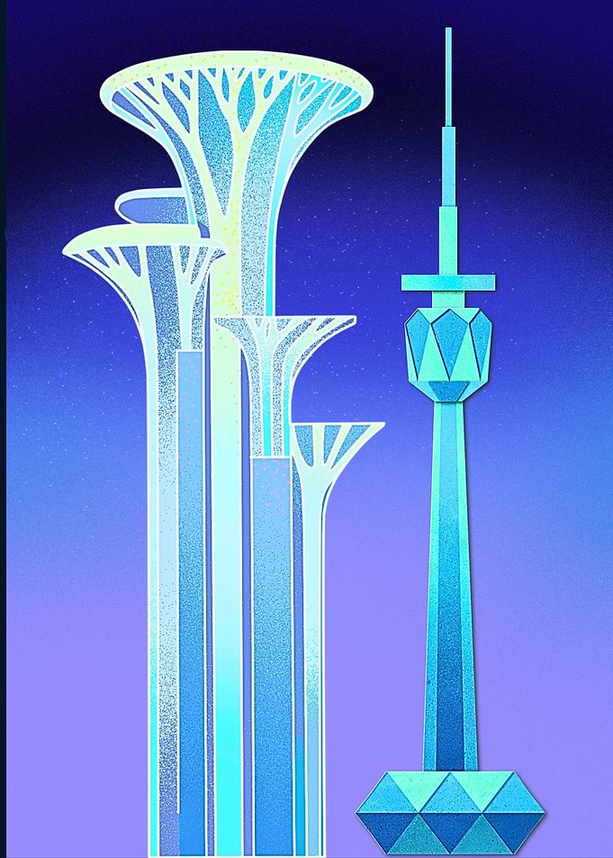 Futuristic Cityscape with Tower and Trees
