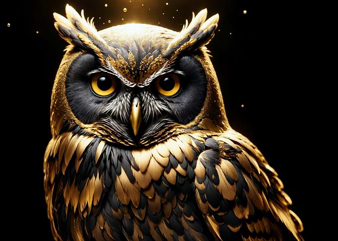 Golden Sparkly Owl on Black Background