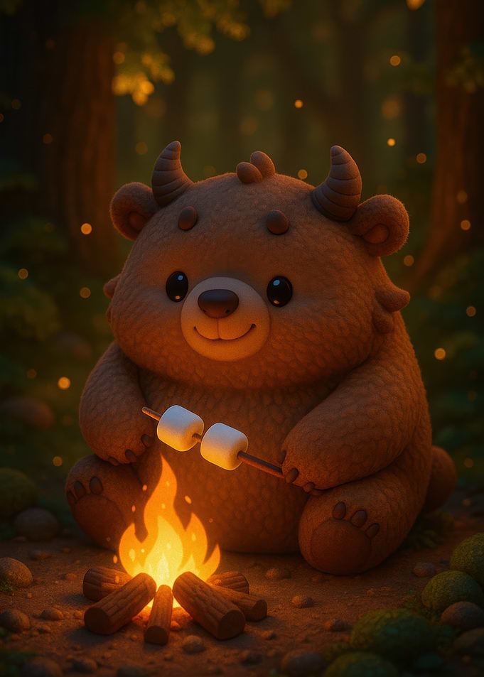 Cute Monster Bear Roasting Marshmallows