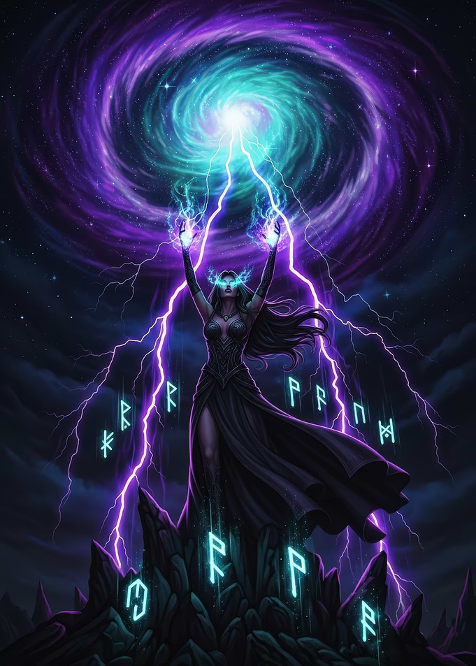 Sorceress casting magic with runes