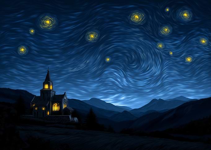 Starry Night Landscape with Church