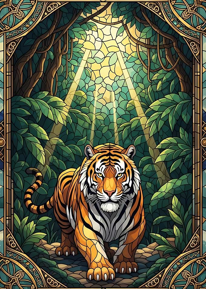 Tiger in Jungle Stained Glass Style