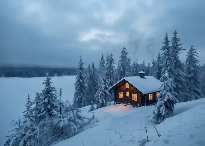 Winter Cabin in Snowy Landscape