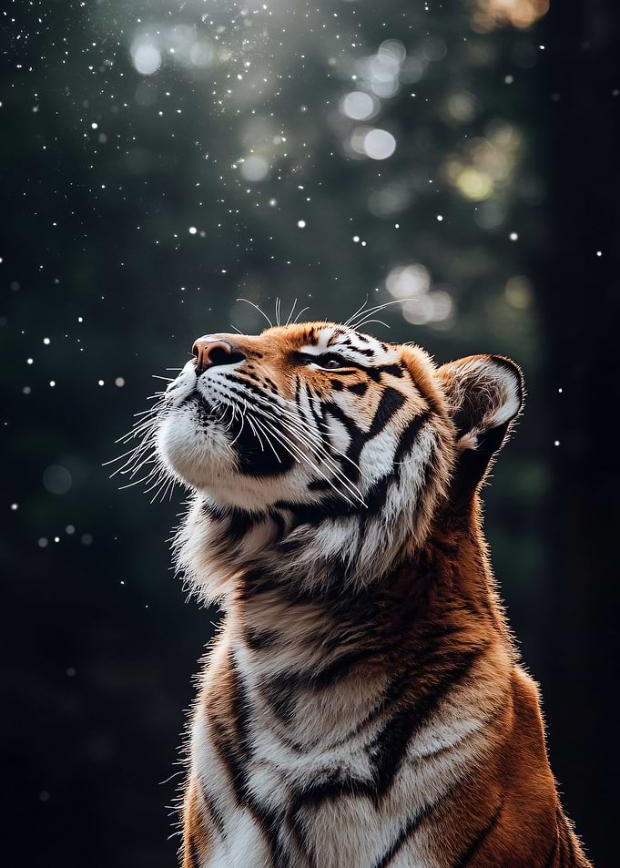 Tiger Gazing Upward with Bokeh Lights