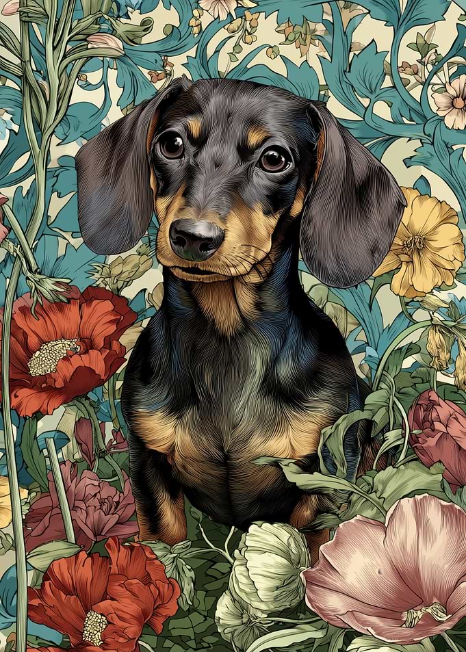 Dachshund in Floral Art Nouveau Style