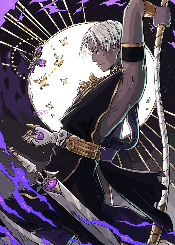 Elegant Warrior with Sword and Staff