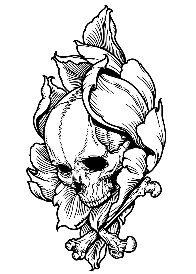 Skull and Flowers Black and White