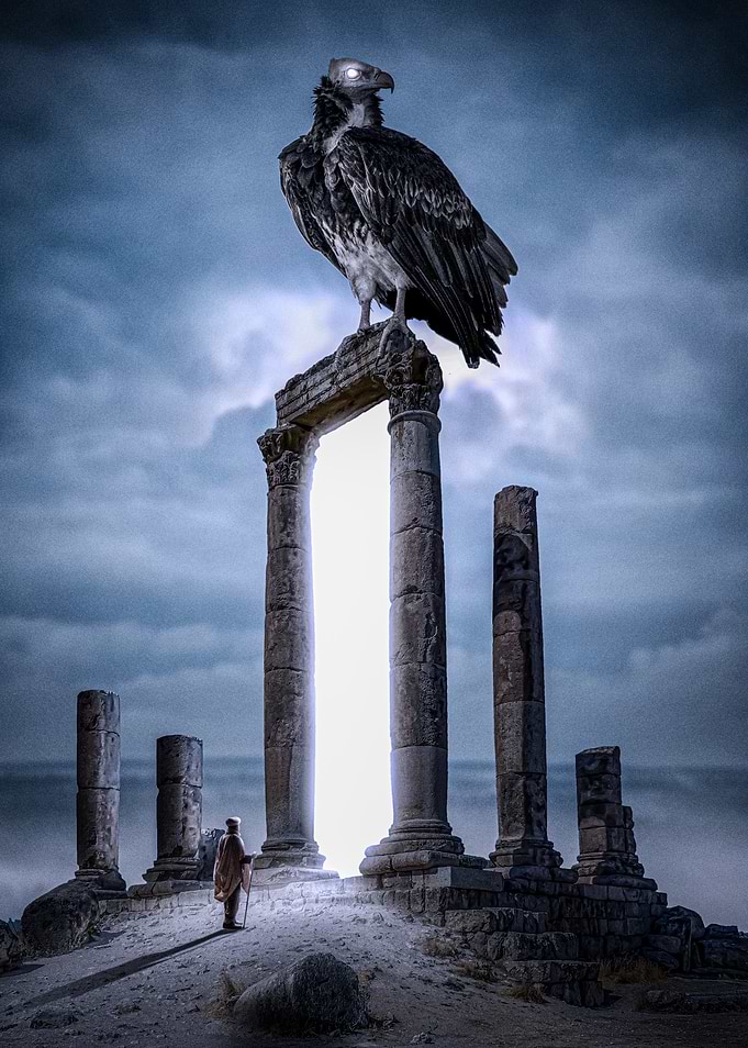 Vulture on Ancient Ruins with Figure