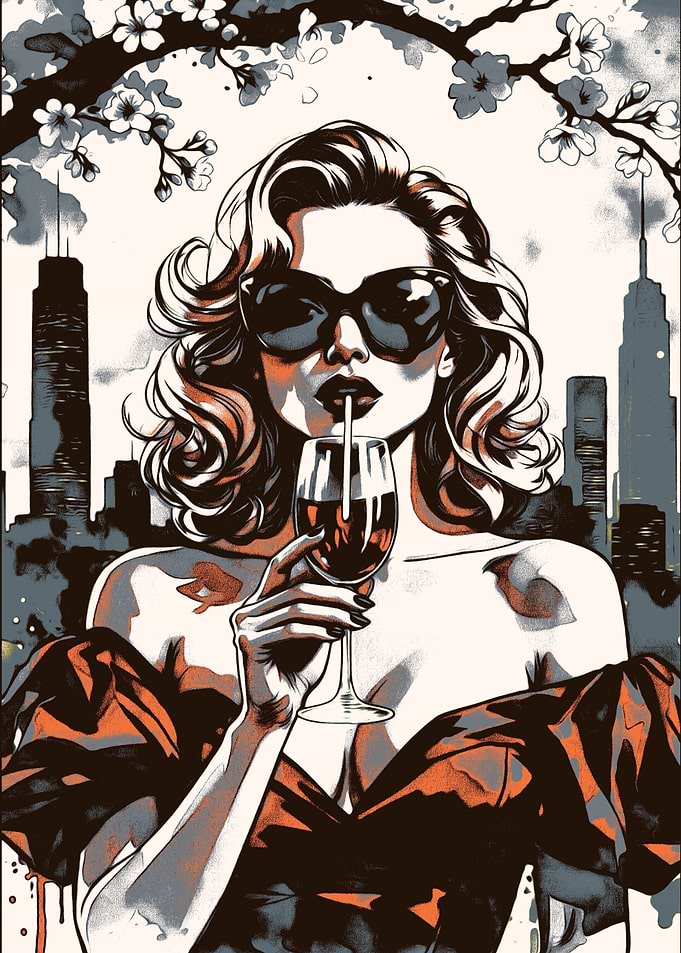 Woman with Wine in Cityscape Art