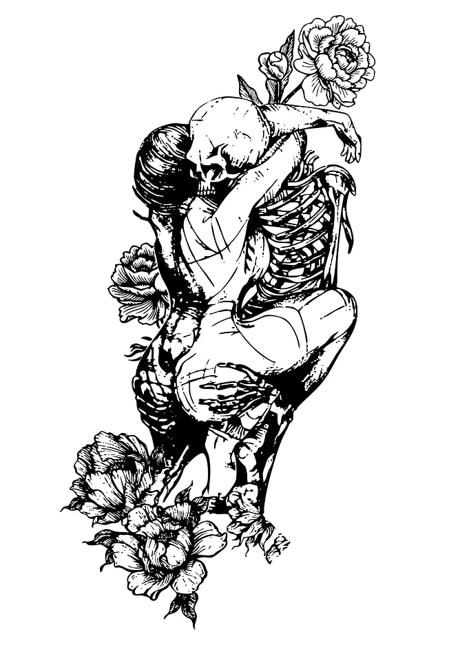 Skeletal Embrace with Floral Accents