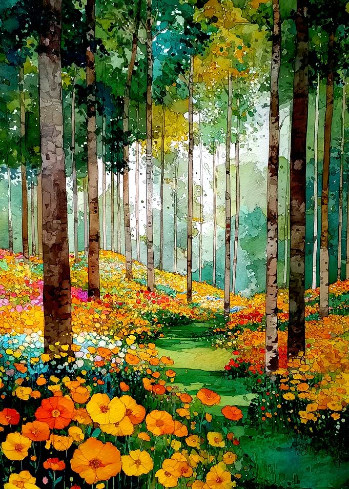 Watercolor Forest Path with Flowers
