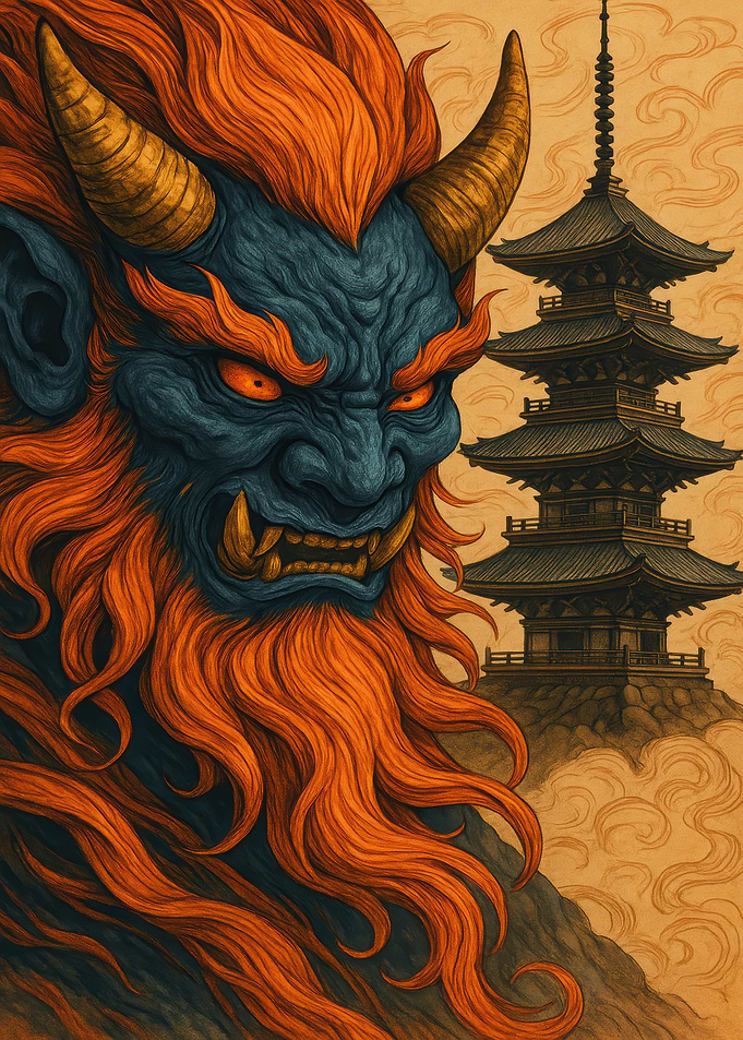 Japanese Oni with Pagoda Background