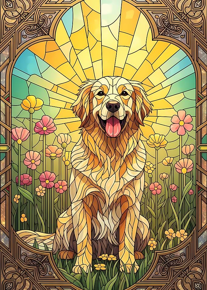 Stained Glass Golden Retriever in Flowers