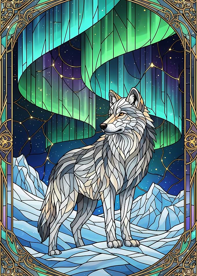 Stained Glass Wolf Aurora Borealis