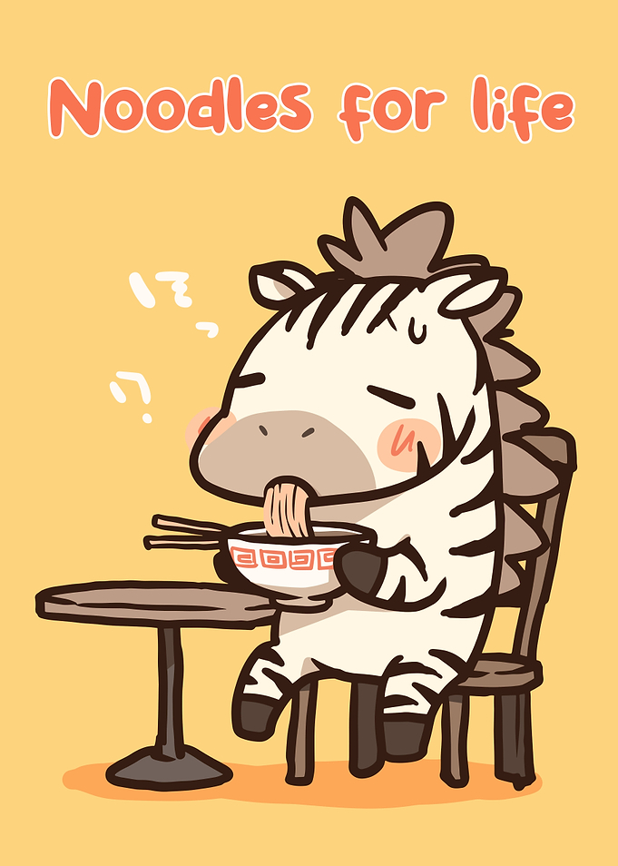 Zebra eating noodles cartoon illustration