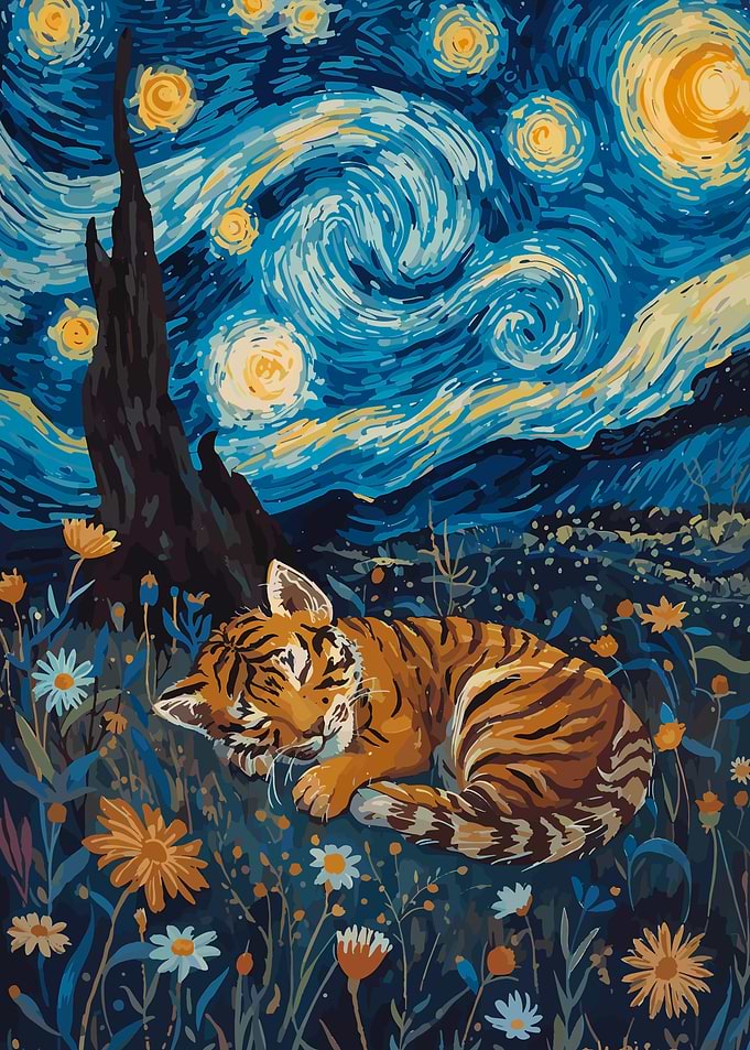 Cute Tiger Cub Sleeping Starry Night