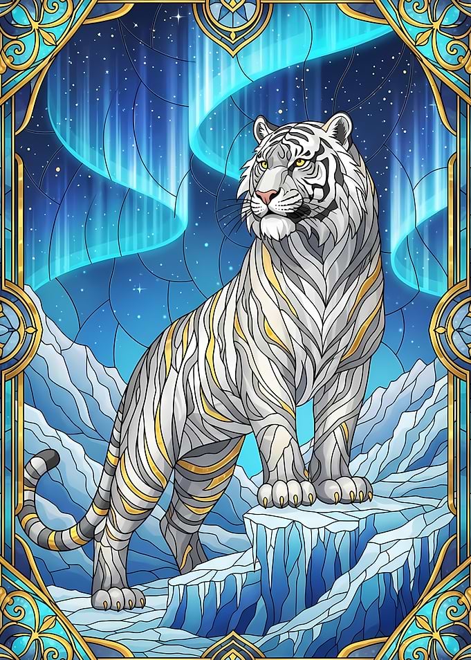 White Tiger Aurora Stained Glass Art