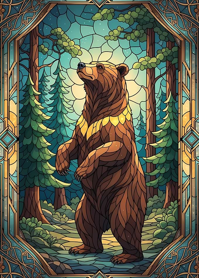Stained Glass Bear in Forest