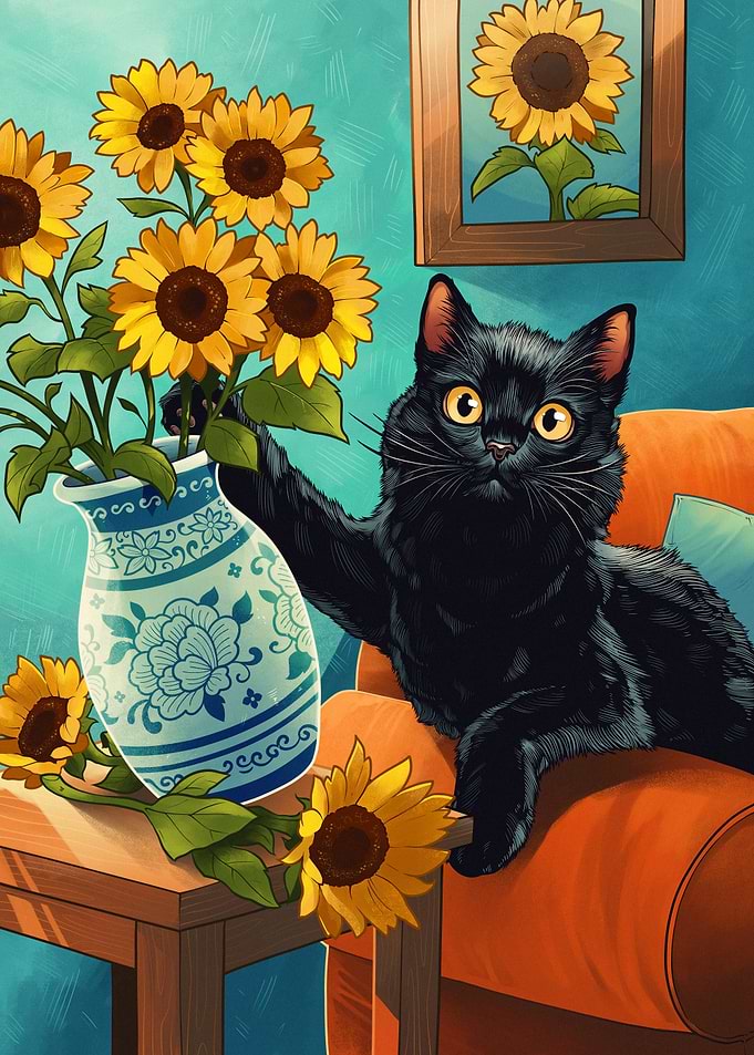 Black Cat with Sunflowers