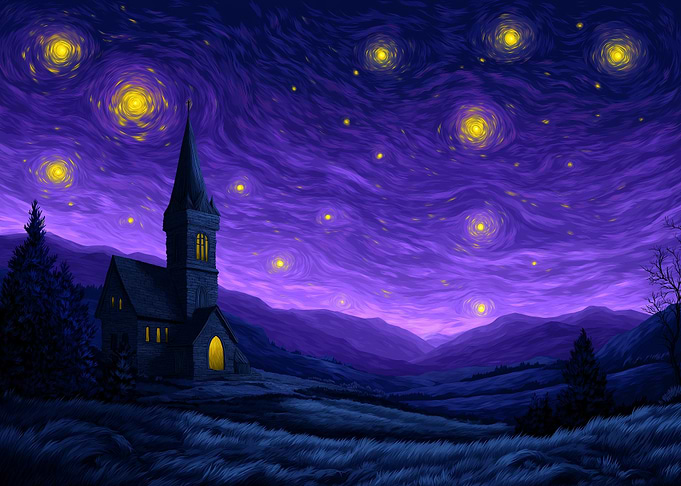 Night Landscape with Church and Stars