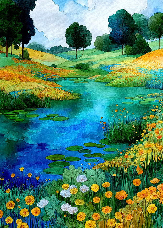 Watercolor Pond Landscape with Flowers