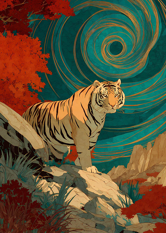 Tiger in Landscape with Vortex Swirls