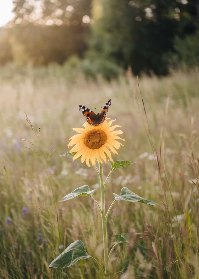 Butterfly on Sunflower in Meadow