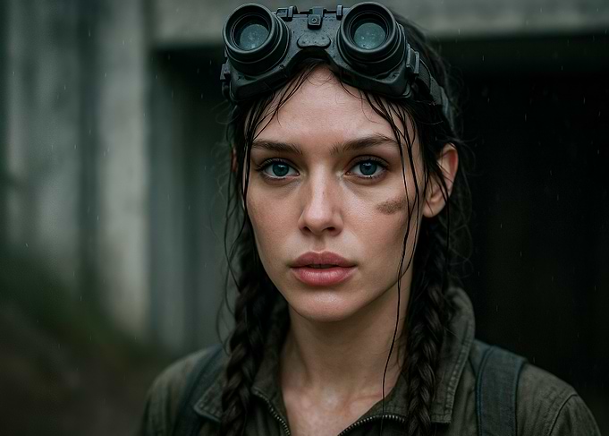 Determined Woman with Goggles in Rain