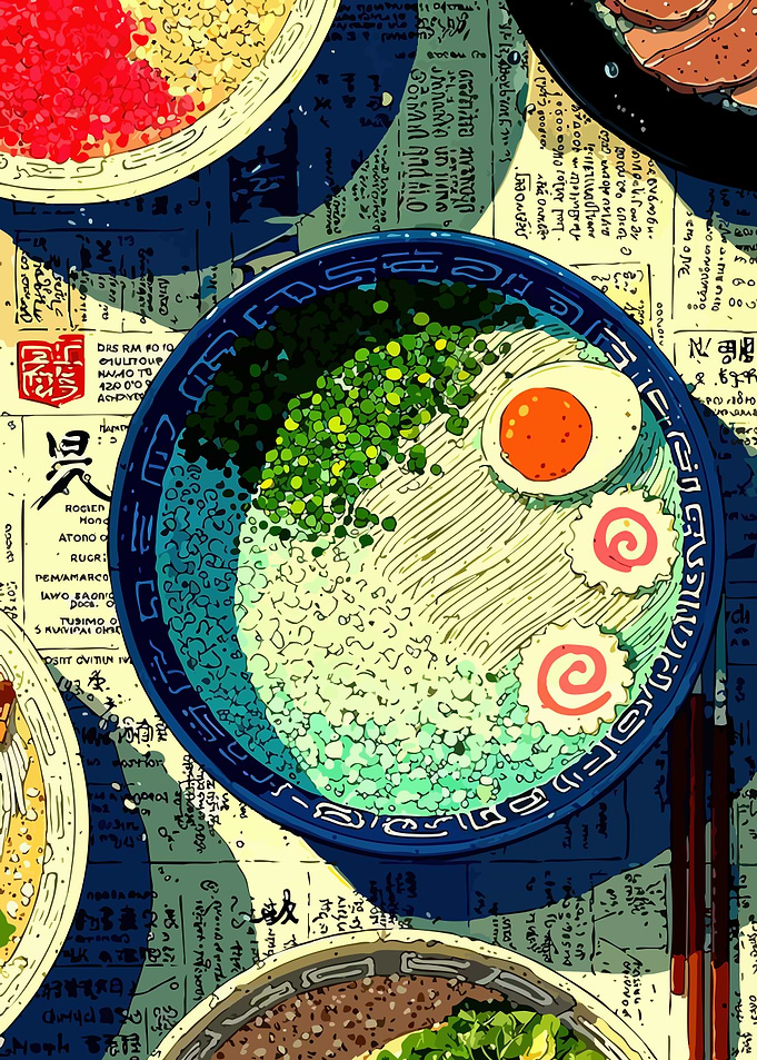 Anime-style Ramen Bowls on Newspaper Tablecloth