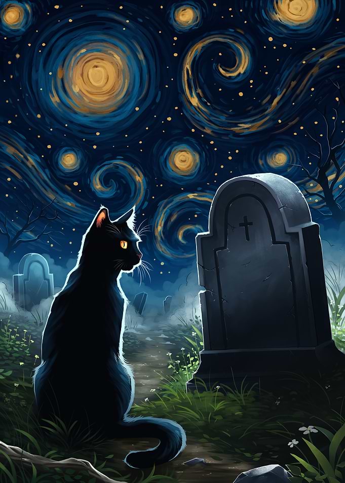 Black Cat Starry Night Graveyard