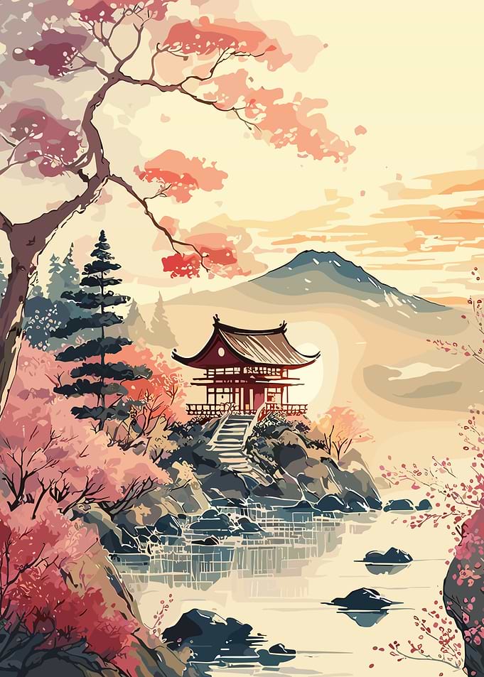 Japanese Temple Landscape with Cherry Blossoms