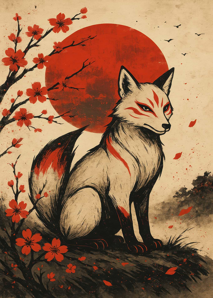 Fox with Red Moon and Blossoms