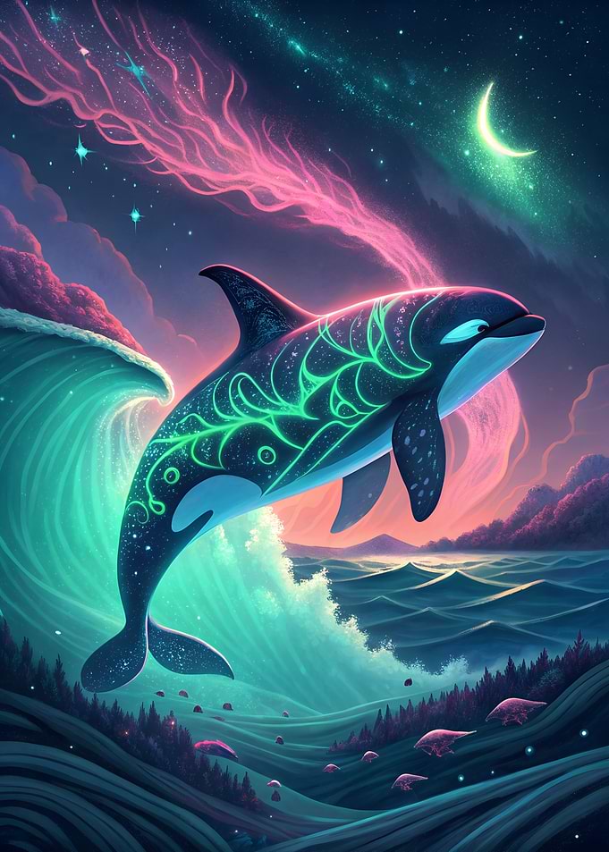 Neon Orca in a Fantasy Landscape