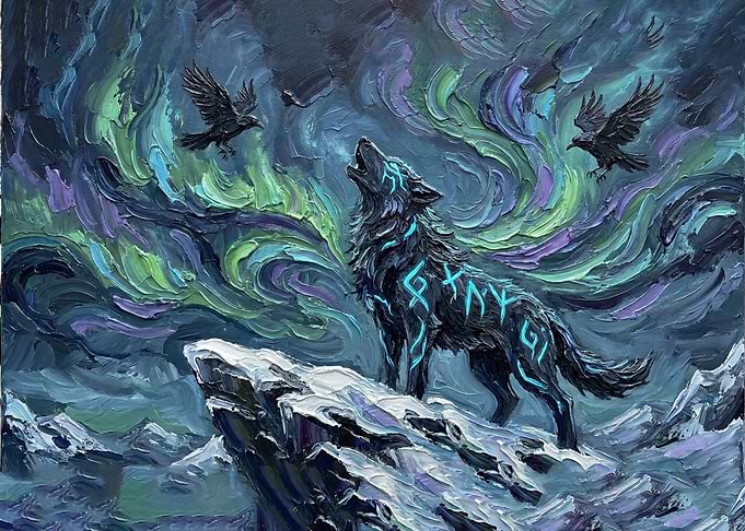 Wolf Howling Under Aurora Painting