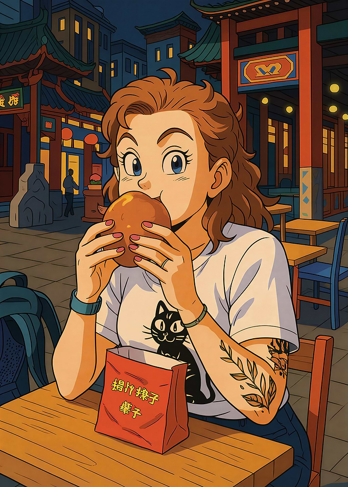 Anime Girl Eating a Bun in Chinatown