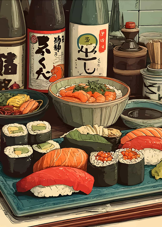 Sushi Still Life with Bottles