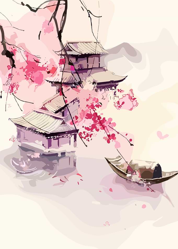Japanese Pagoda with Cherry Blossoms Painting