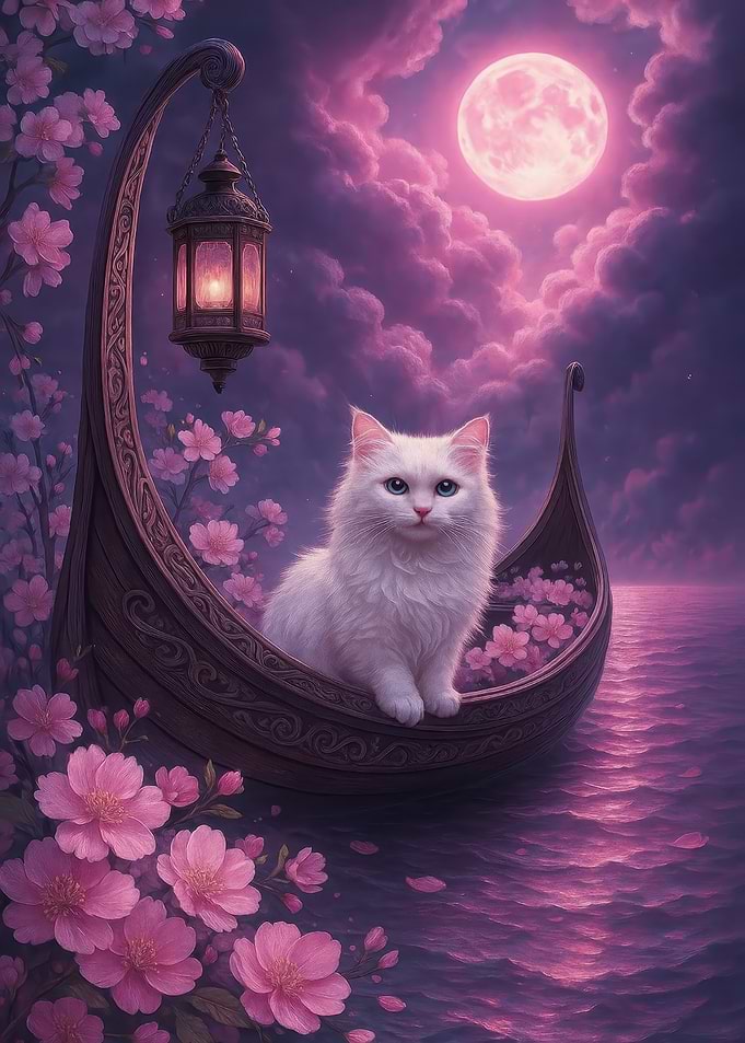 Cat in Boat Under Pink Moon